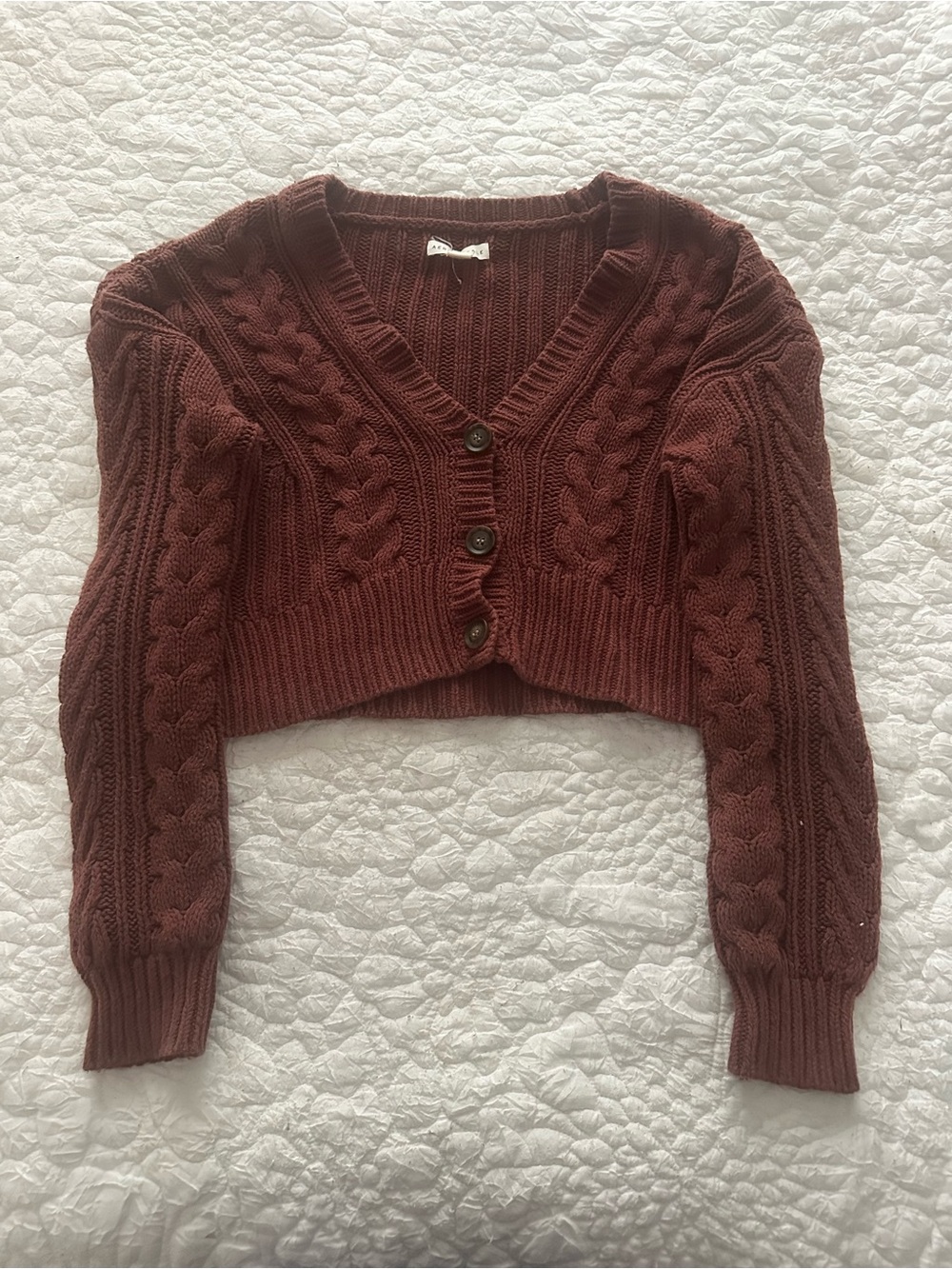 Aeropostale Cropped Cable-Knit Cardigan in Rust Brown
